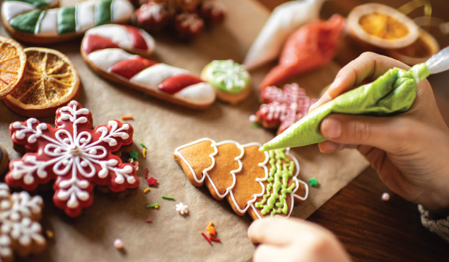 Holiday Cookie Crew event art, photo showing cookie decorating