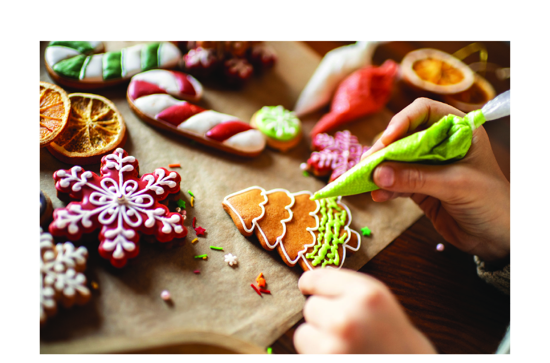 Holiday Cookie Crew event art, photo showing cookie decorating
